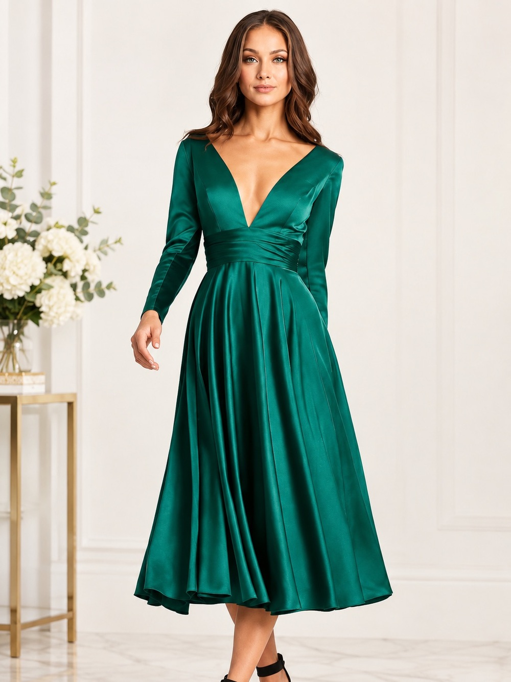Mac Duggal Emerald Green Plunging V-Neck Long Sleeve Midi Dress 67527
